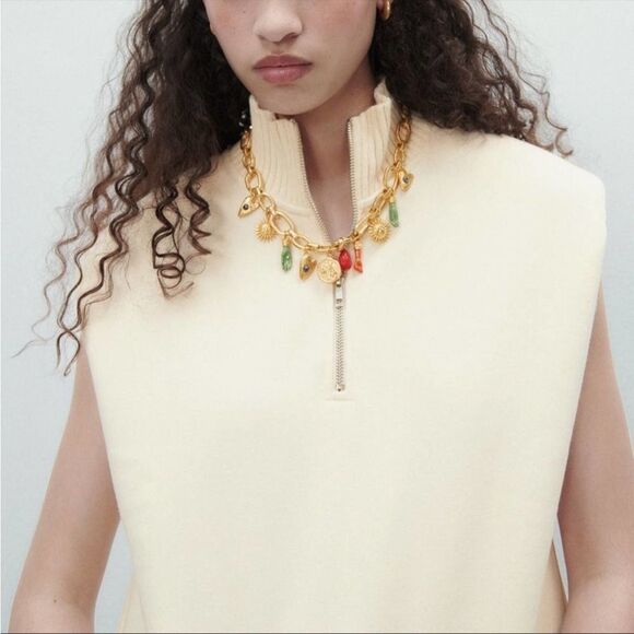 Zara NWT Plush Vest Padded Shoulders High Collar Size S Plush Ecru Light Yellow - Picture 1 of 11